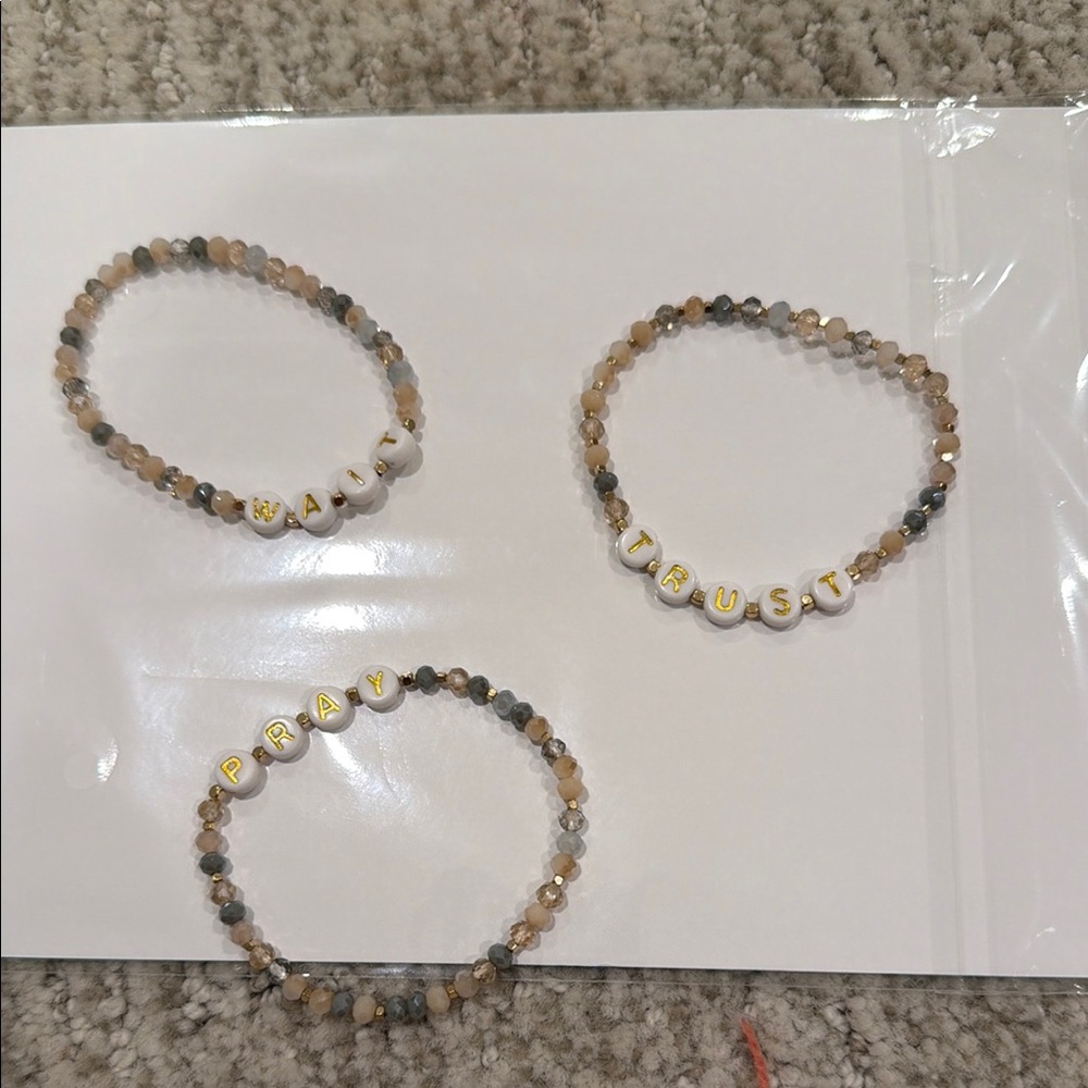 Beaded Inspirational Bracelet - Peach & Gray "Pray/Trust/wait" Set
